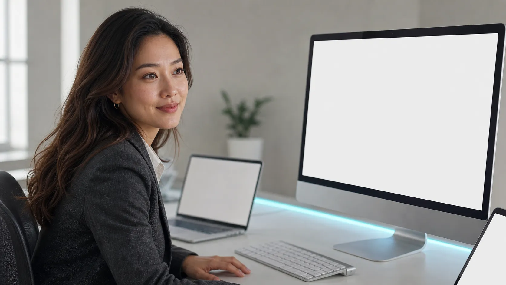 A woman reviews a web workspace beside a clean monitor.