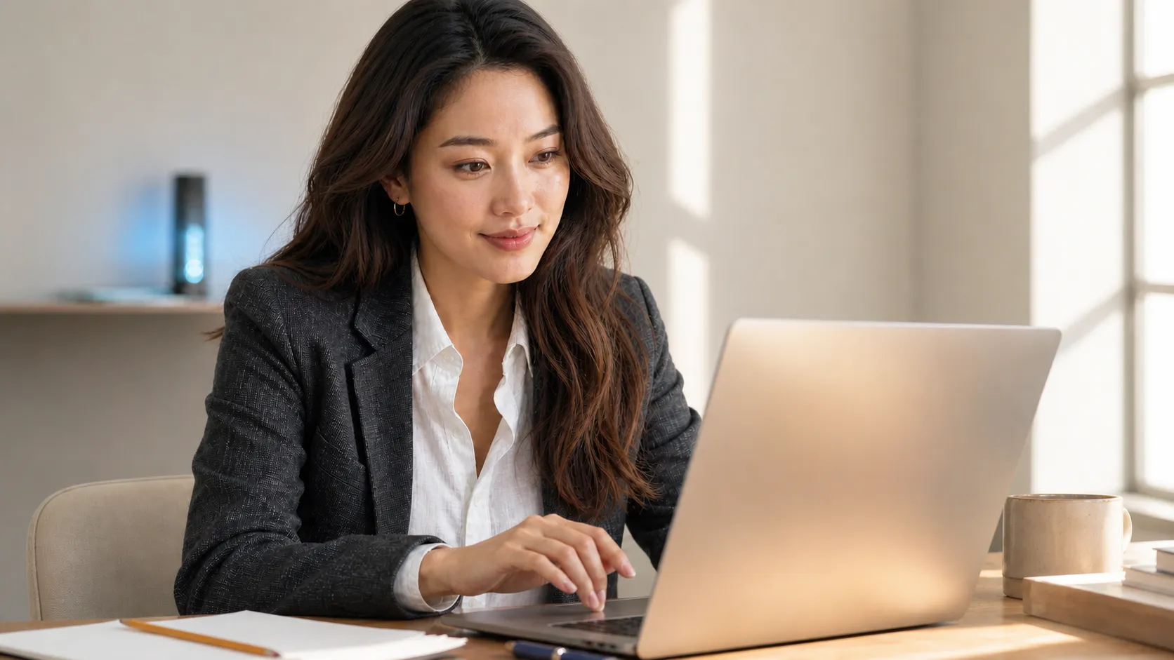 A woman makes a deliberate decision at a laptop.