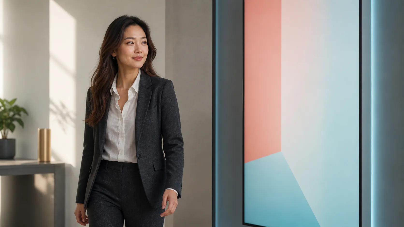 A woman walks past a clean vertical website display.
