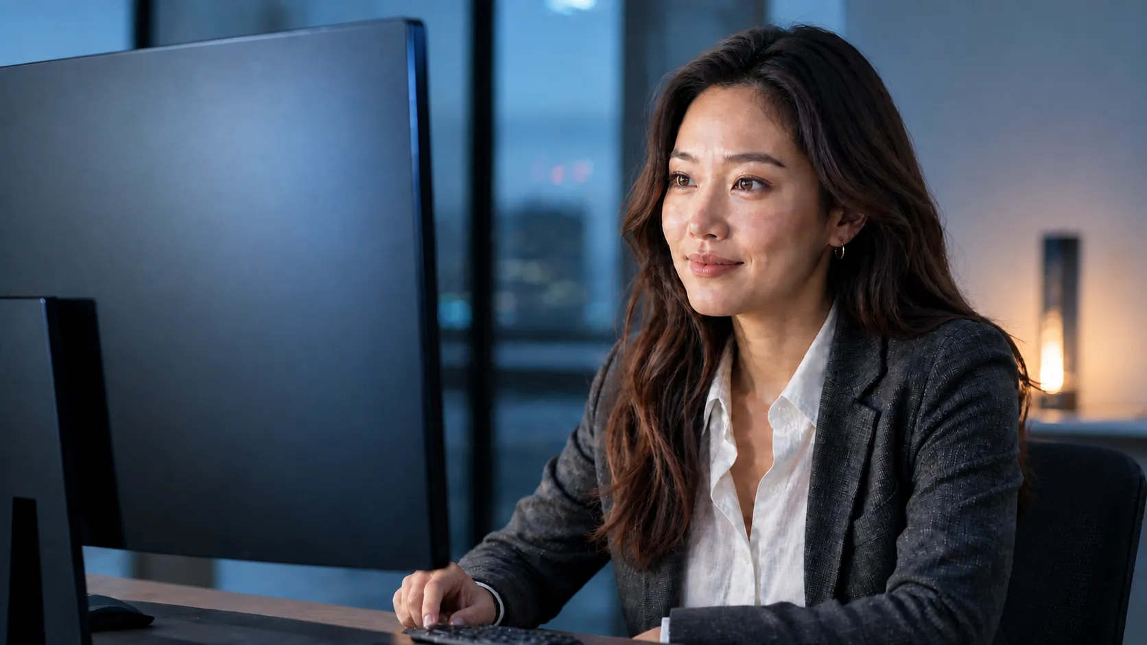A woman studies a strategy workspace in blue-hour light.