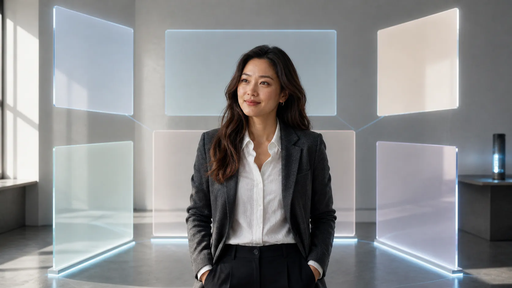 Six translucent windows align around the woman in the studio.