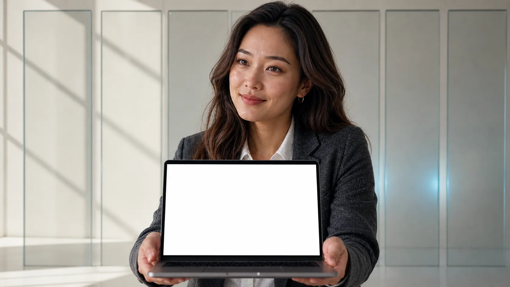 A woman offers a finished laptop toward the viewer with a quiet smile.